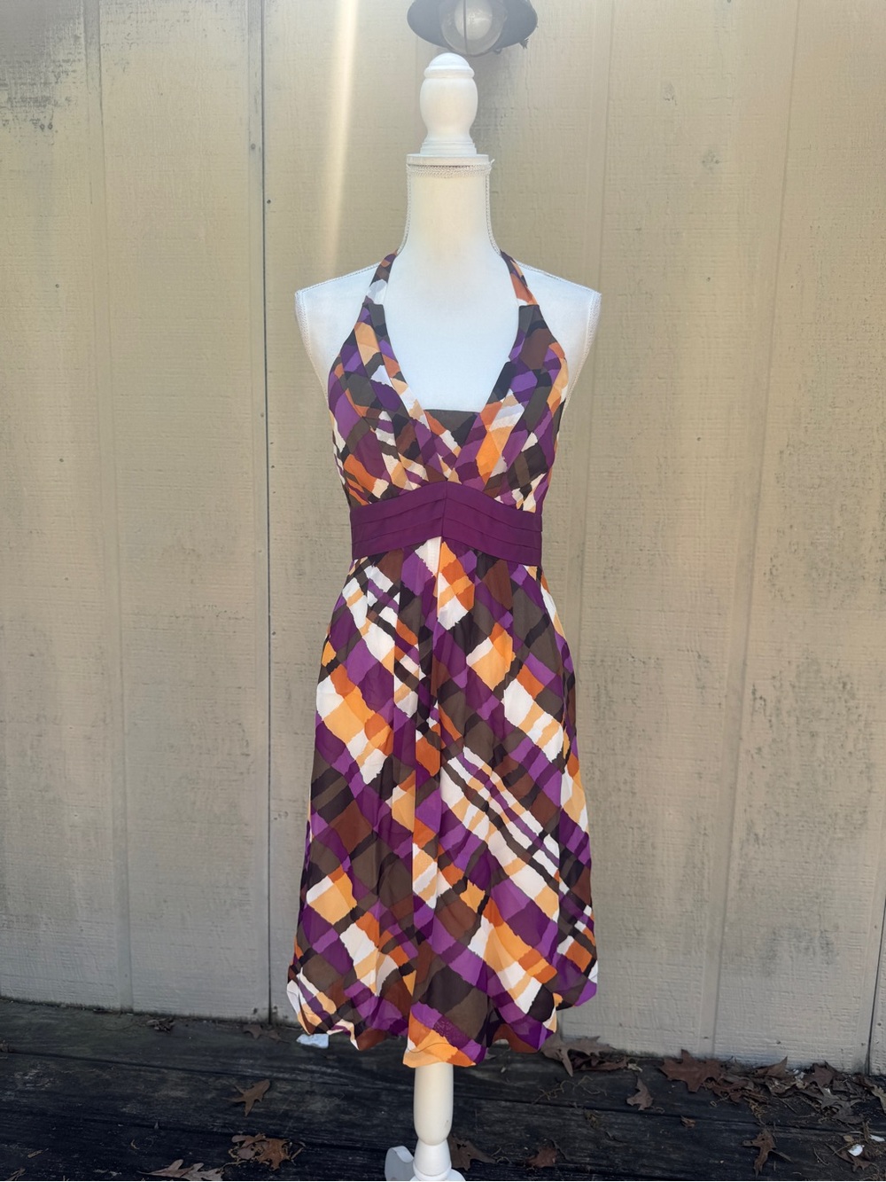 Anthro Moulinette Soeurs Purple Plaid Halter Midi Dress with Orange and White